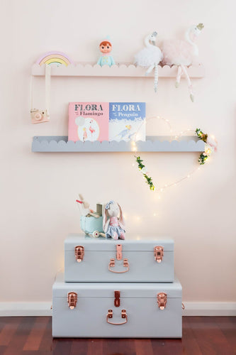 Kids book shelf  with cloud shaped cut out in dusty blue and blush pink. A bright and fun feature for a kids room.