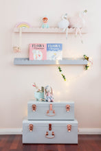 Load image into Gallery viewer, Kids book shelf  with cloud shaped cut out in dusty blue and blush pink. A bright and fun feature for a kids room.
