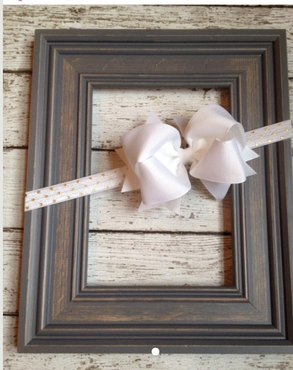 Gold Dotted on White Bow Baby Headband