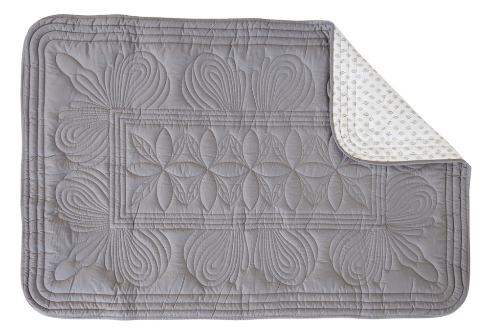 Bon Mere baby cot quilt. The back of the quilt with grey quilted pattern. 