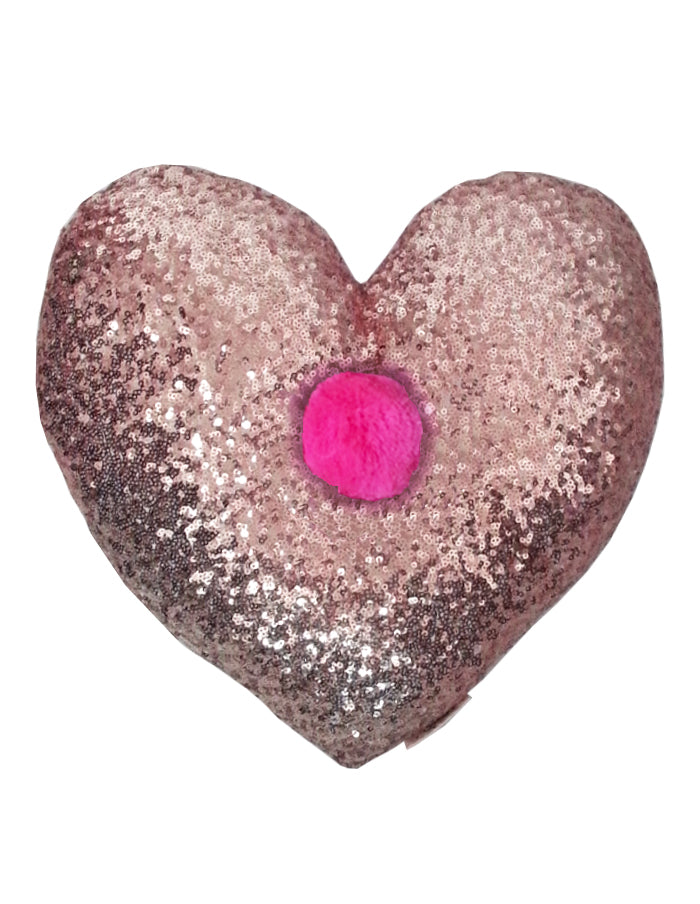 Heart shaped rose gold sequined cushion. Sure to add sparkle to any decor. Front view.