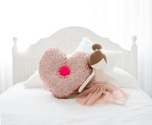 Load image into Gallery viewer, Heart shaped rose gold sequined cushion. A splash of glamor for you kids bed spread or arm chair. .

